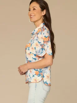 Above Elbow Puff Sleeve Scallop Collar Button Down Printed Woven Top