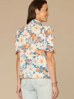 Above Elbow Puff Sleeve Scallop Collar Button Down Printed Woven Top