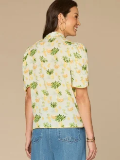 Above Elbow Puff Sleeve Scallop Collar Button Down Printed Woven Top
