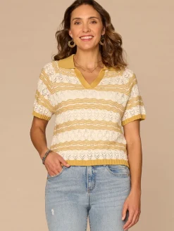 Above Elbow Sleeve V-Neck Collared Placket Novelty Stripe Stitch Sweater Polo Top