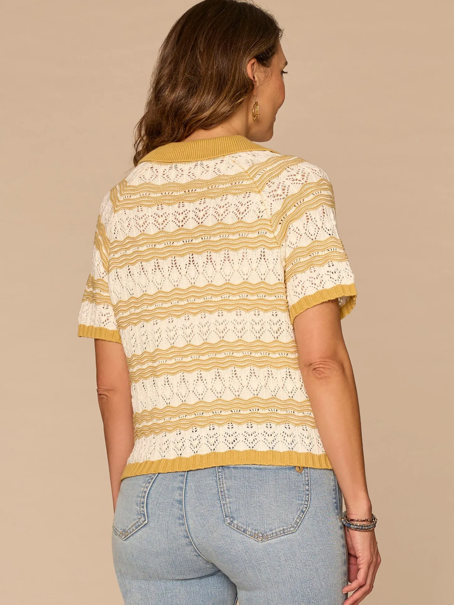 Above Elbow Sleeve V-Neck Collared Placket Novelty Stripe Stitch Sweater Polo Top