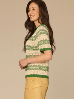 Above Elbow Sleeve V-Neck Collared Placket Novelty Stripe Stitch Sweater Polo Top