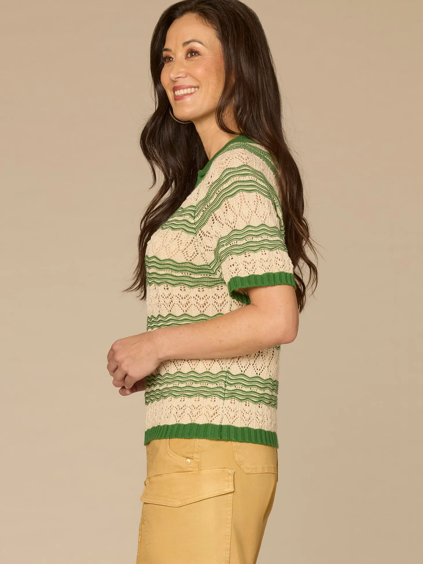 Above Elbow Sleeve V-Neck Collared Placket Novelty Stripe Stitch Sweater Polo Top