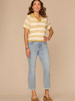 Above Elbow Sleeve V-Neck Collared Placket Novelty Stripe Stitch Sweater Polo Top