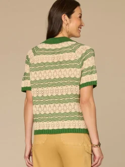 Above Elbow Sleeve V-Neck Collared Placket Novelty Stripe Stitch Sweater Polo Top