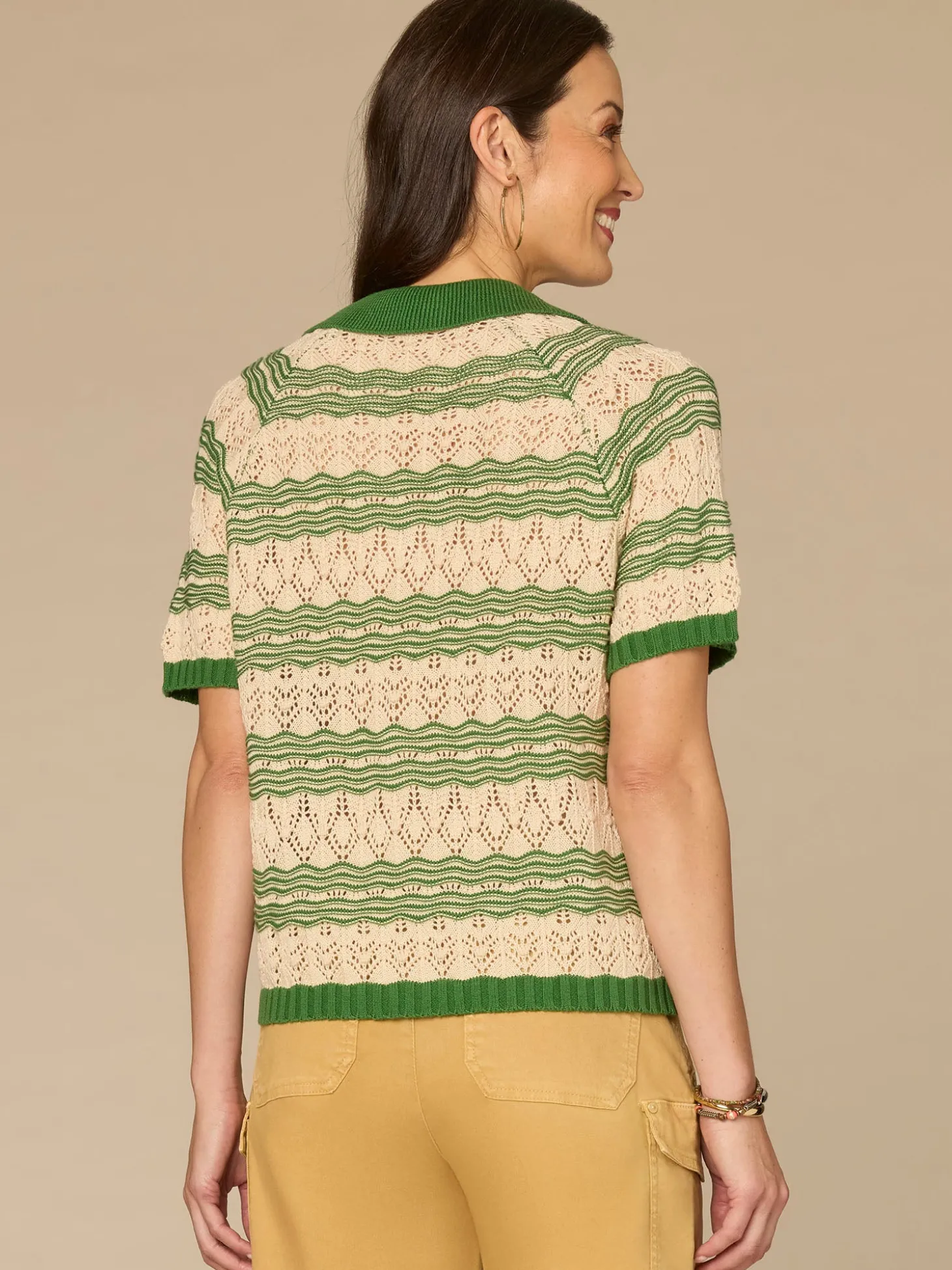 Above Elbow Sleeve V-Neck Collared Placket Novelty Stripe Stitch Sweater Polo Top