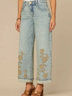 "Ab"solution® High Rise Cuffed Wide Leg Jeans with Floral Embroidery