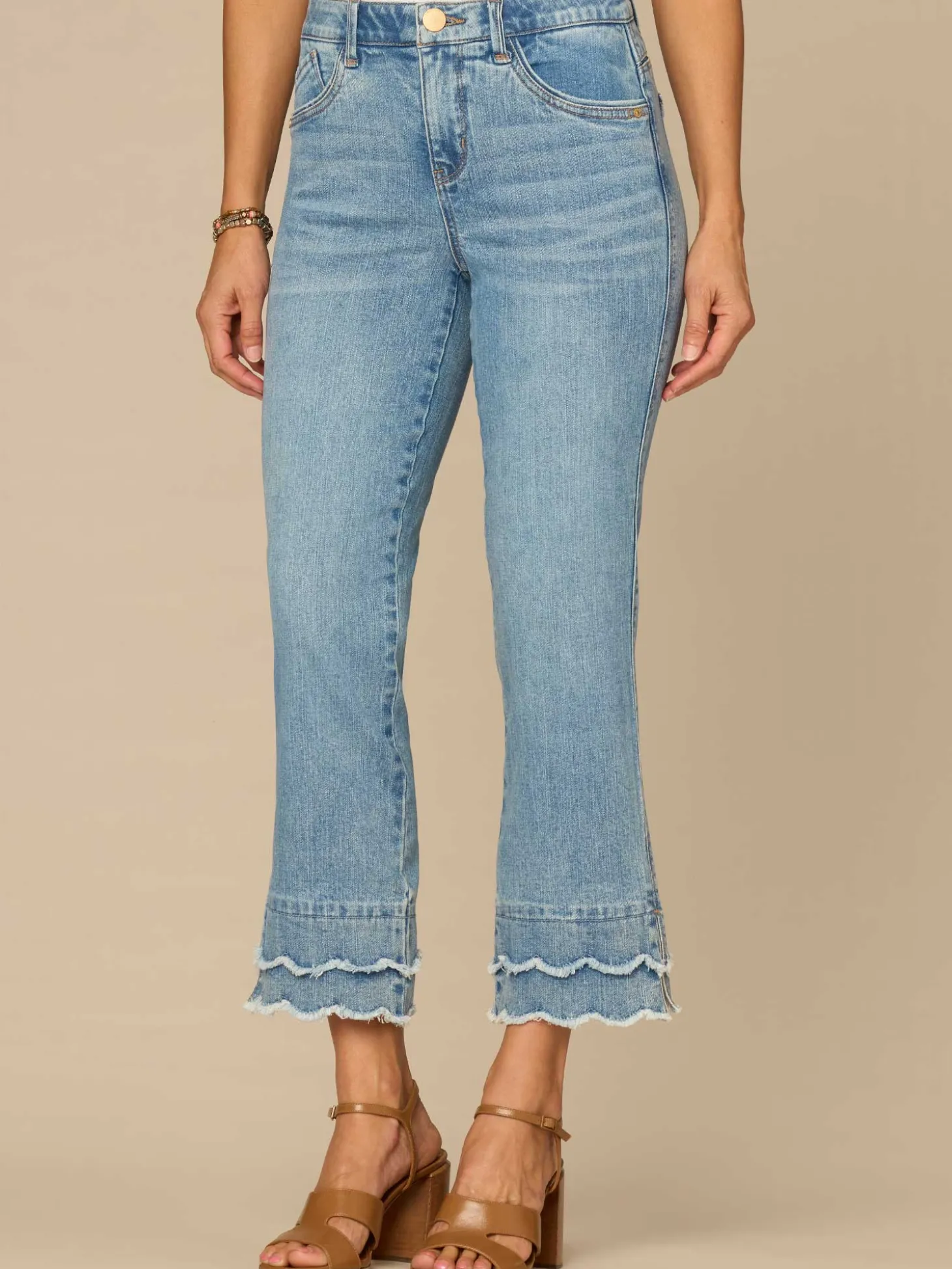 "Ab"solution® Mid-Rise Double Layered Scallop Fray Hem Kick Flare Jean