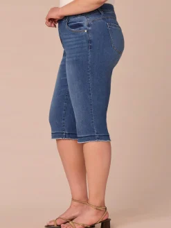 “Ab”solution® Mid-Rise Mid Blue Artisanal Fray Plus Size Skimmer Jeans