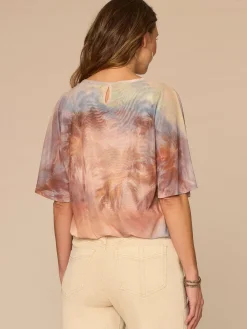 Angel Sleeve Scoop Neck Bubble Hem Palm Tree Placement Print Knit Top