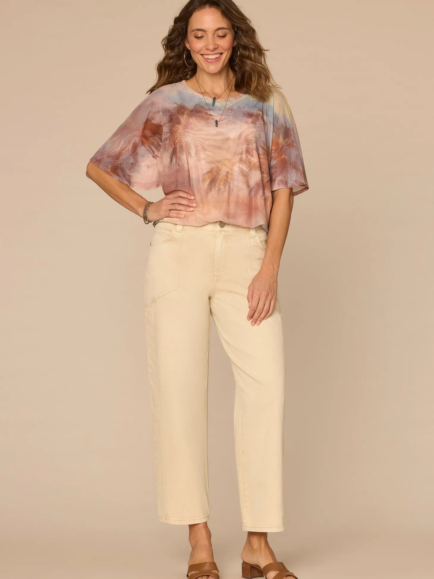 Angel Sleeve Scoop Neck Bubble Hem Palm Tree Placement Print Knit Top