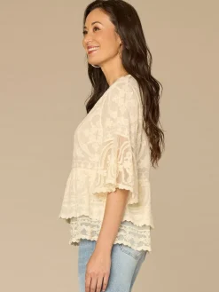 Bell Sleeve Scoop Neck Double Flounce Peplum Petite Woven Top