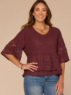 Bell Sleeve Scoop Neck Double Flounce Peplum Petite Hem Woven Top