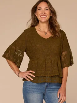 Bell Sleeve Scoop Neck Double Flounce Peplum Petite Hem Woven Top