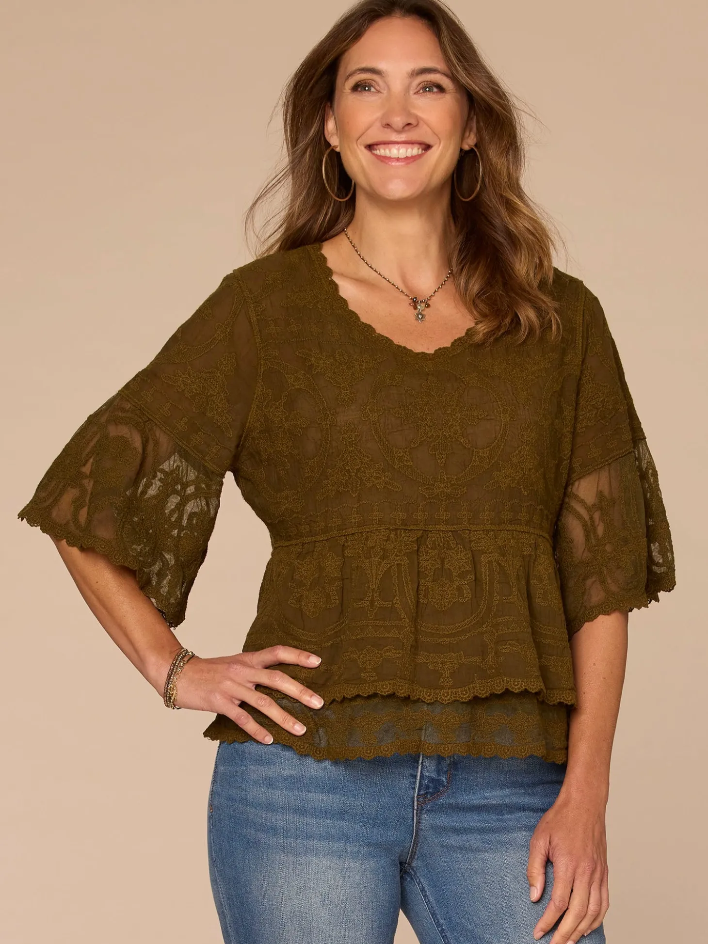 Bell Sleeve Scoop Neck Double Flounce Peplum Petite Hem Woven Top