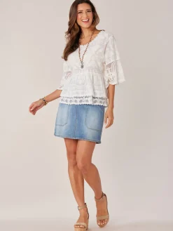 Bell Sleeve Scoop Neck Double Flounce Peplum Petite Hem Woven Top