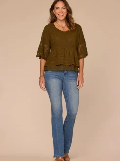 Bell Sleeve Scoop Neck Double Flounce Peplum Petite Hem Woven Top