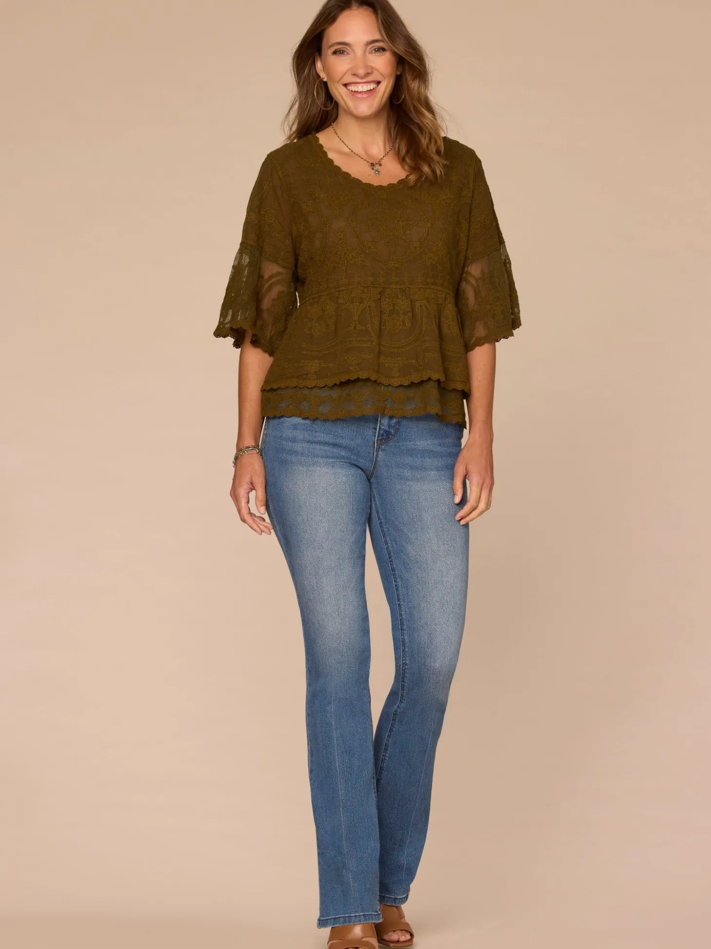 Bell Sleeve Scoop Neck Double Flounce Peplum Petite Hem Woven Top