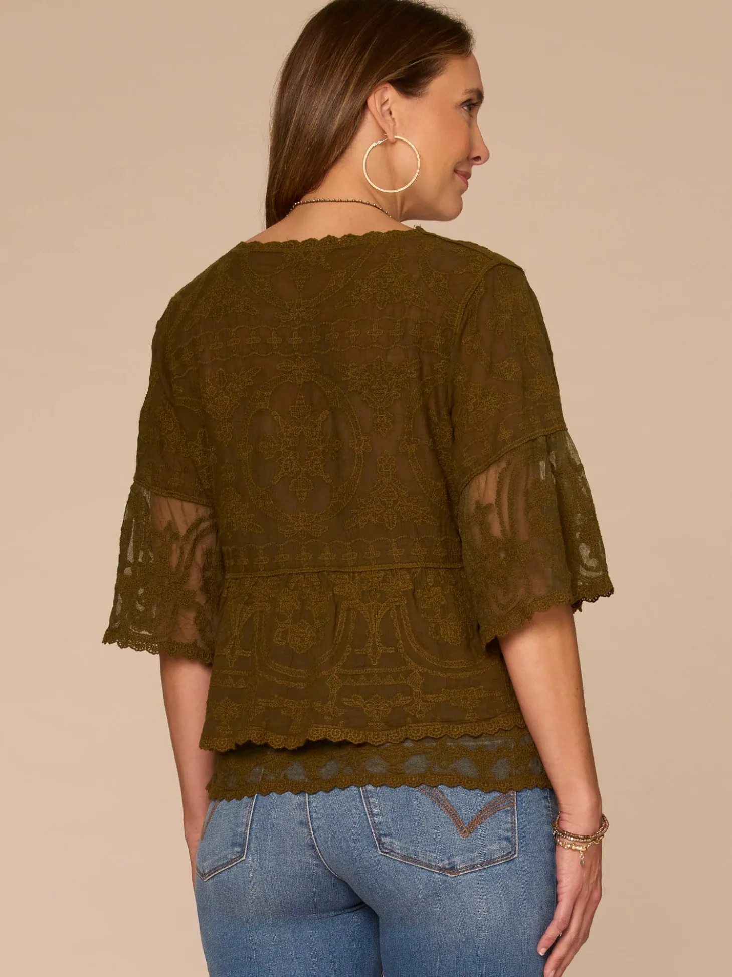 Bell Sleeve Scoop Neck Double Flounce Peplum Petite Hem Woven Top