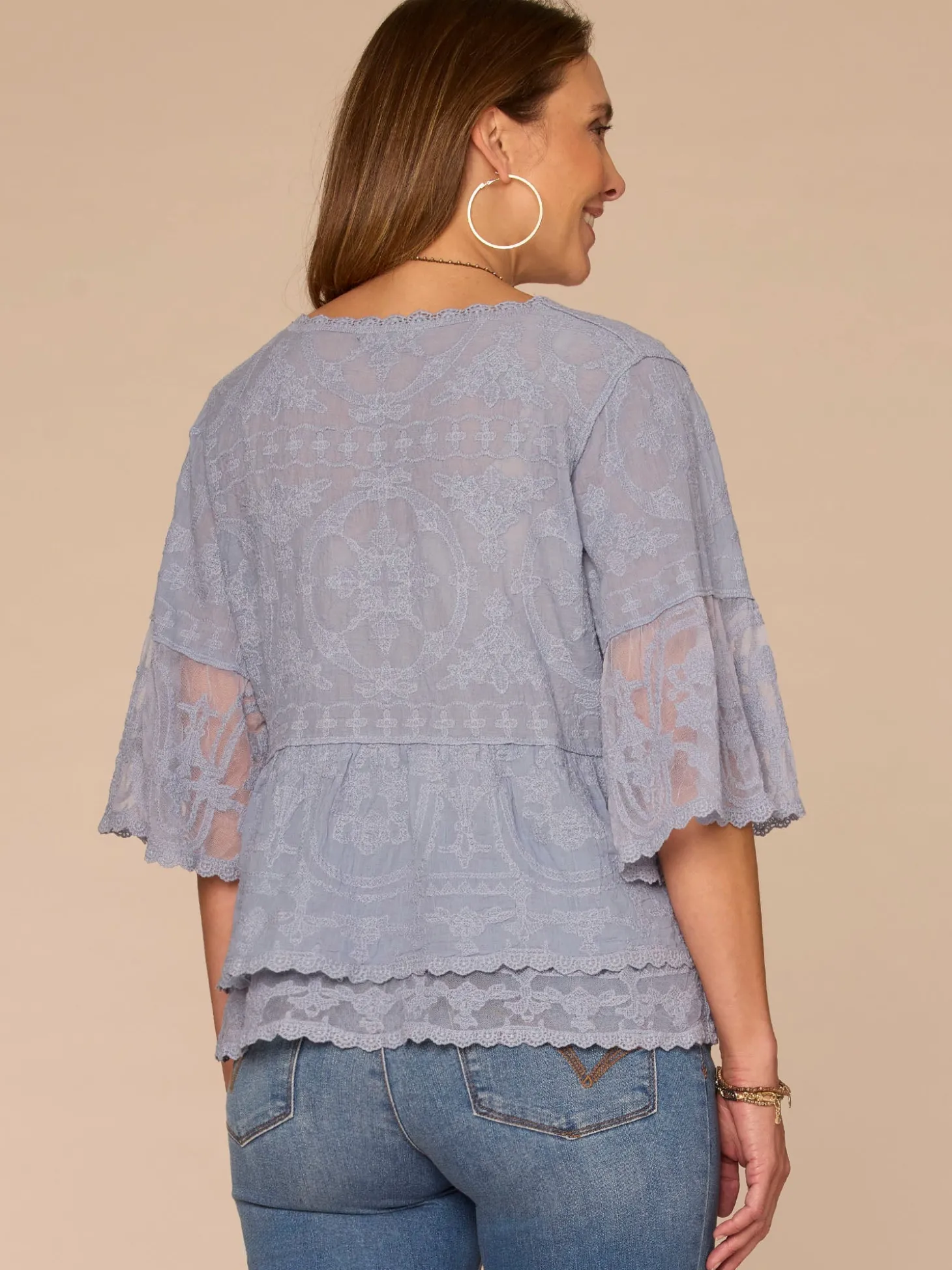 Bell Sleeve Scoop Neck Double Flounce Peplum Petite Hem Woven Top