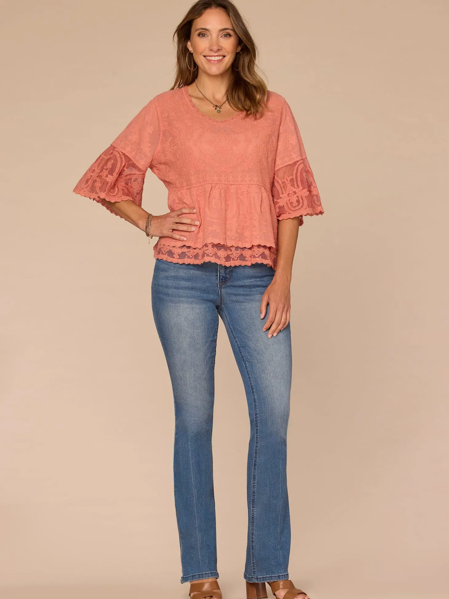 Bell Sleeve Scoop Neck Double Flounce Peplum Petite Hem Woven Top