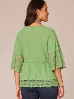 Bell Sleeve Scoop Neck Double Flounce Peplum Petite Hem Woven Top