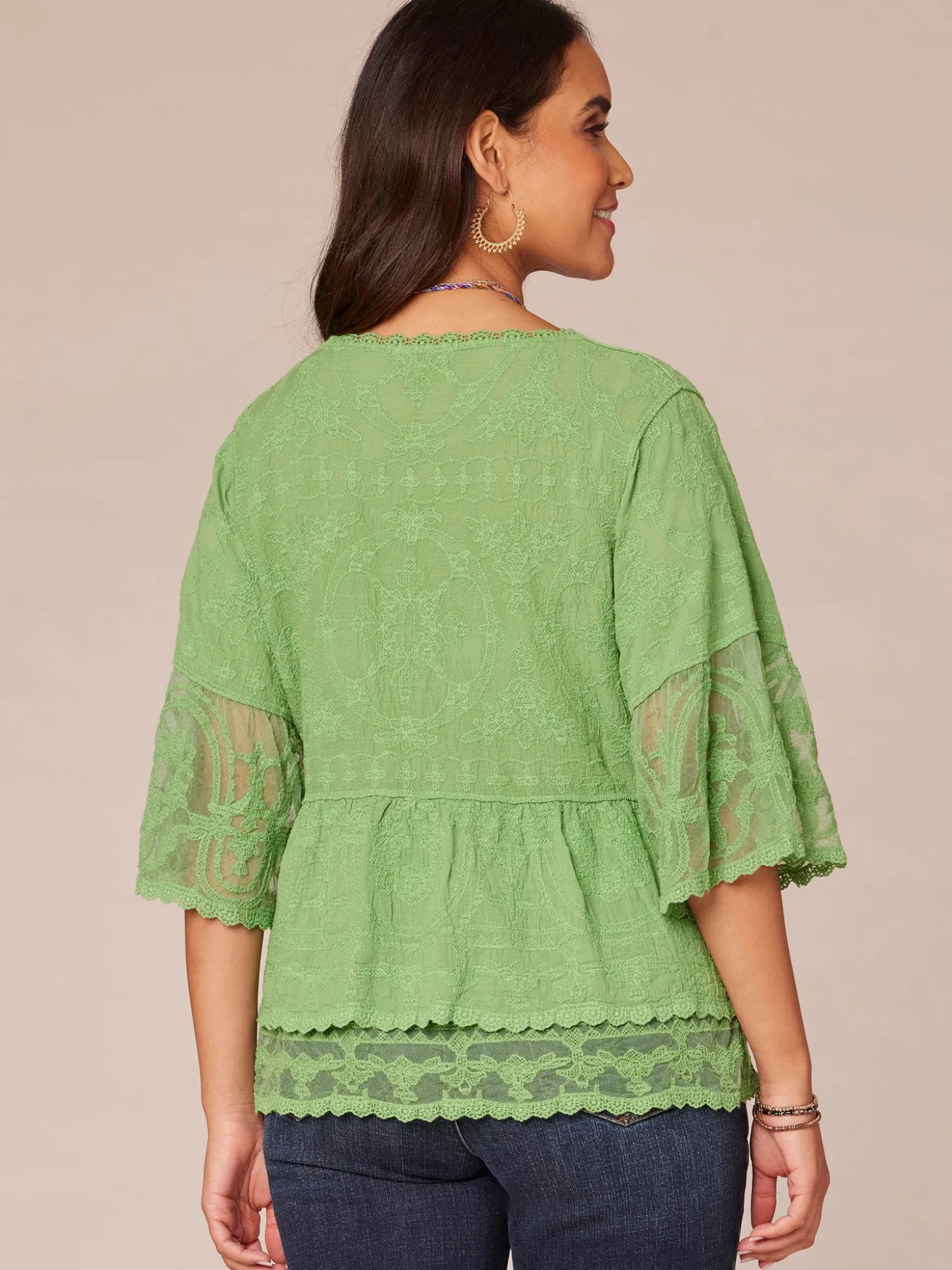 Bell Sleeve Scoop Neck Double Flounce Peplum Petite Hem Woven Top