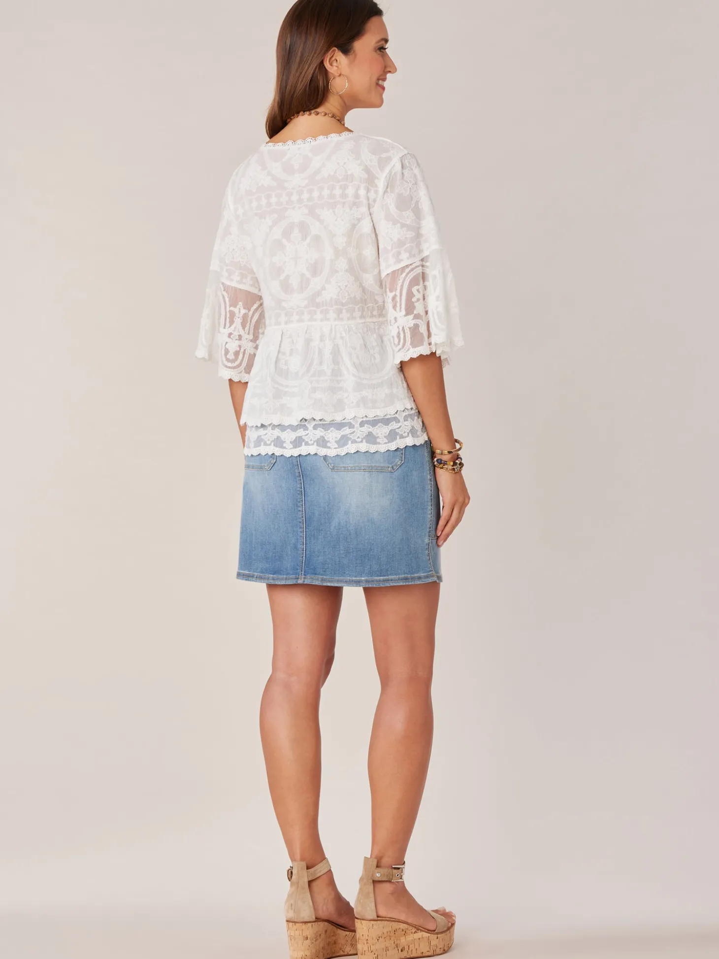 Bell Sleeve Scoop Neck Double Flounce Peplum Petite Hem Woven Top