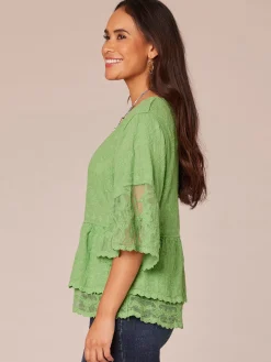 Bell Sleeve Scoop Neck Double Flounce Peplum Petite Hem Woven Top