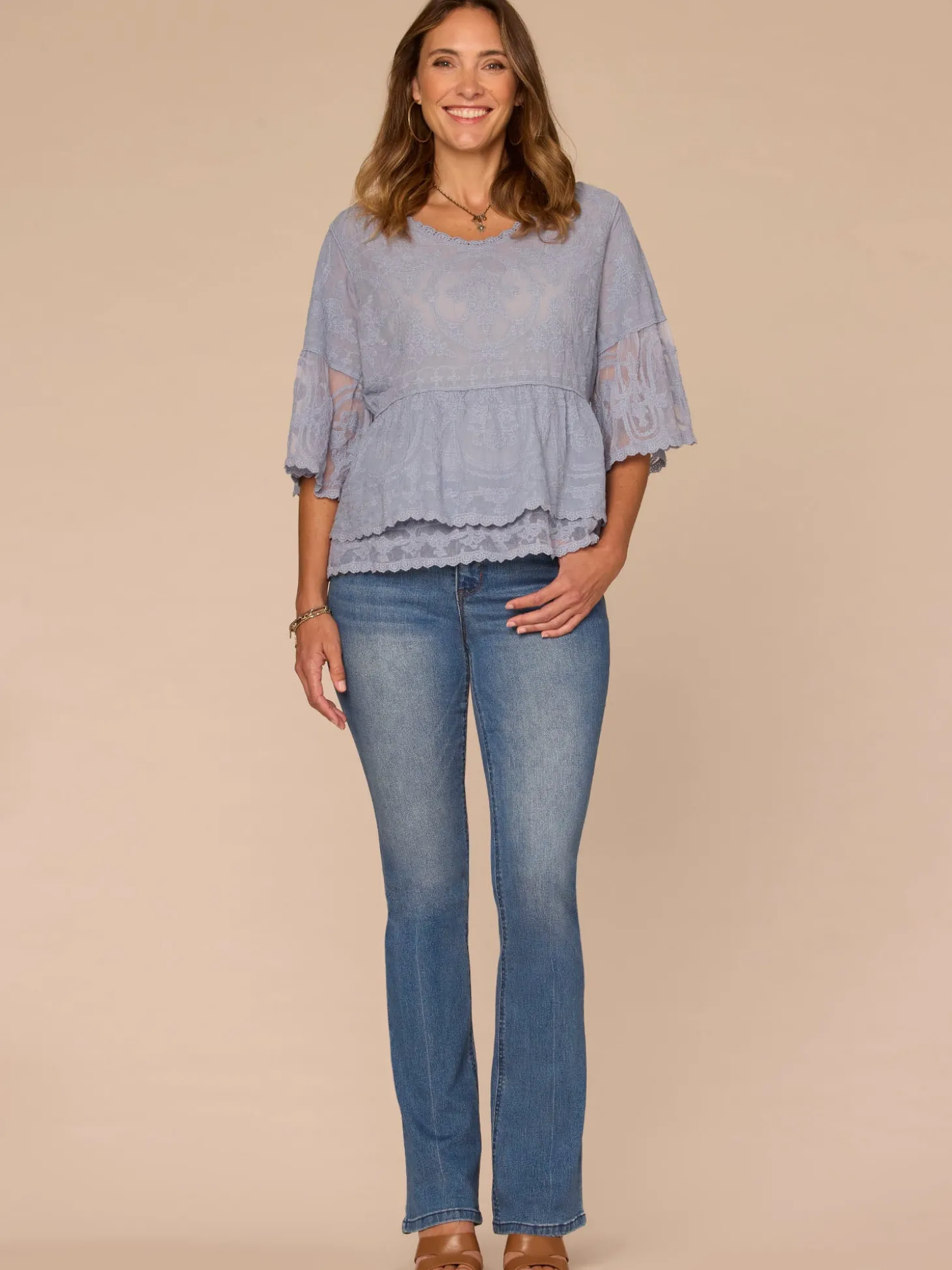 Bell Sleeve Scoop Neck Double Flounce Peplum Petite Hem Woven Top