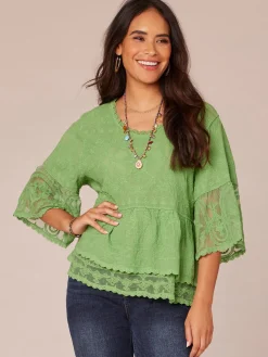 Bell Sleeve Scoop Neck Double Flounce Peplum Petite Hem Woven Top