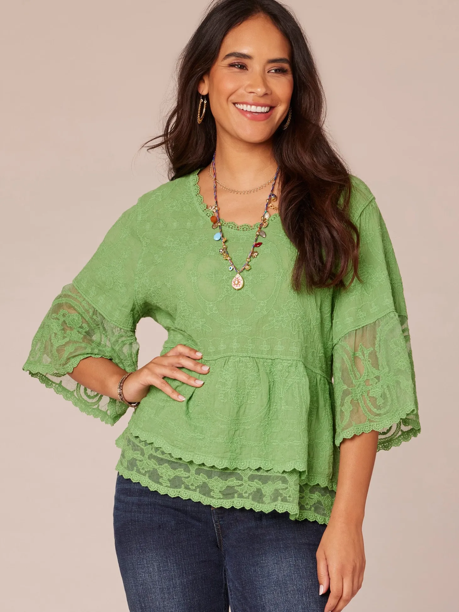 Bell Sleeve Scoop Neck Double Flounce Peplum Petite Hem Woven Top
