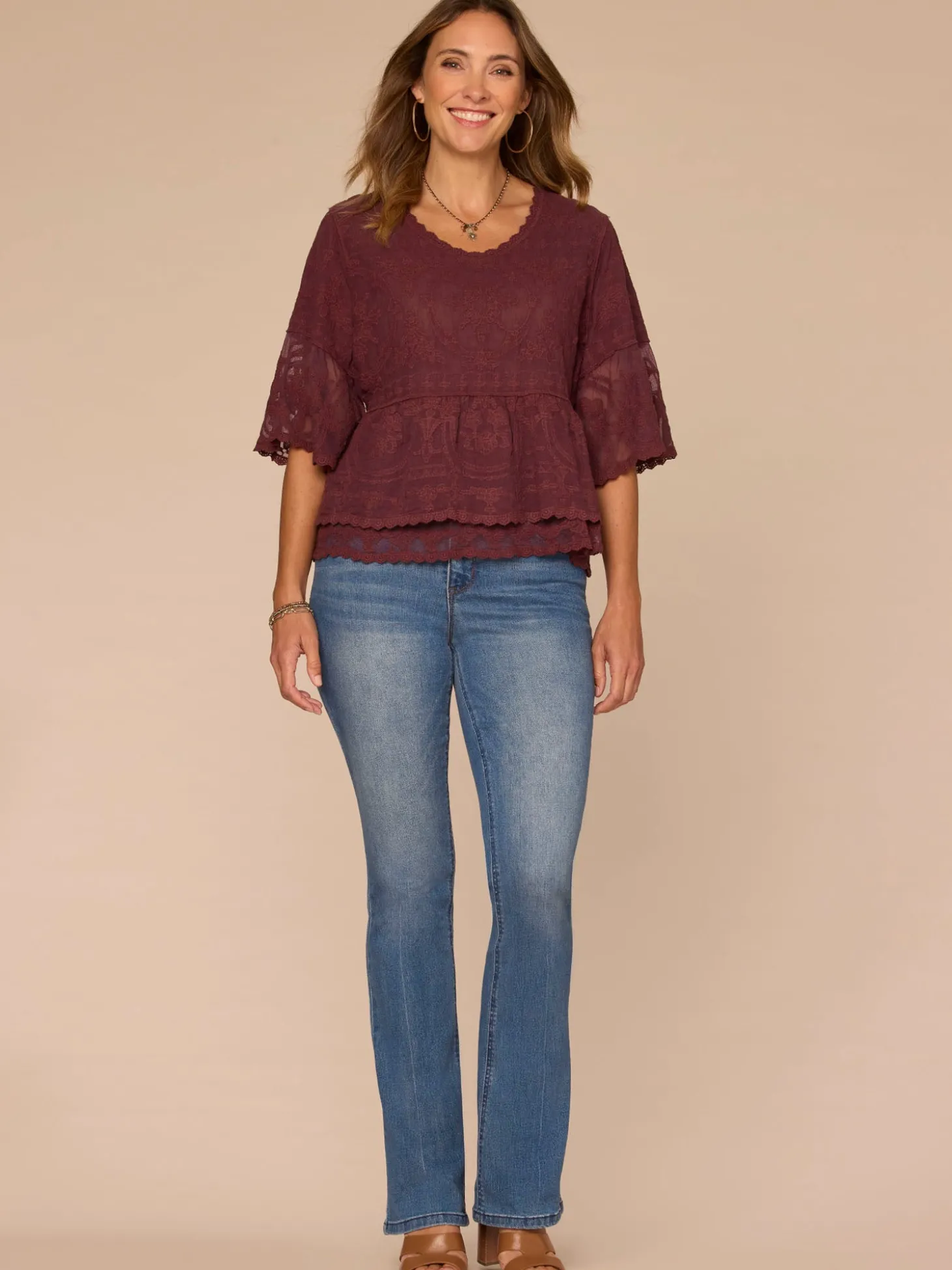 Bell Sleeve Scoop Neck Double Flounce Peplum Petite Hem Woven Top