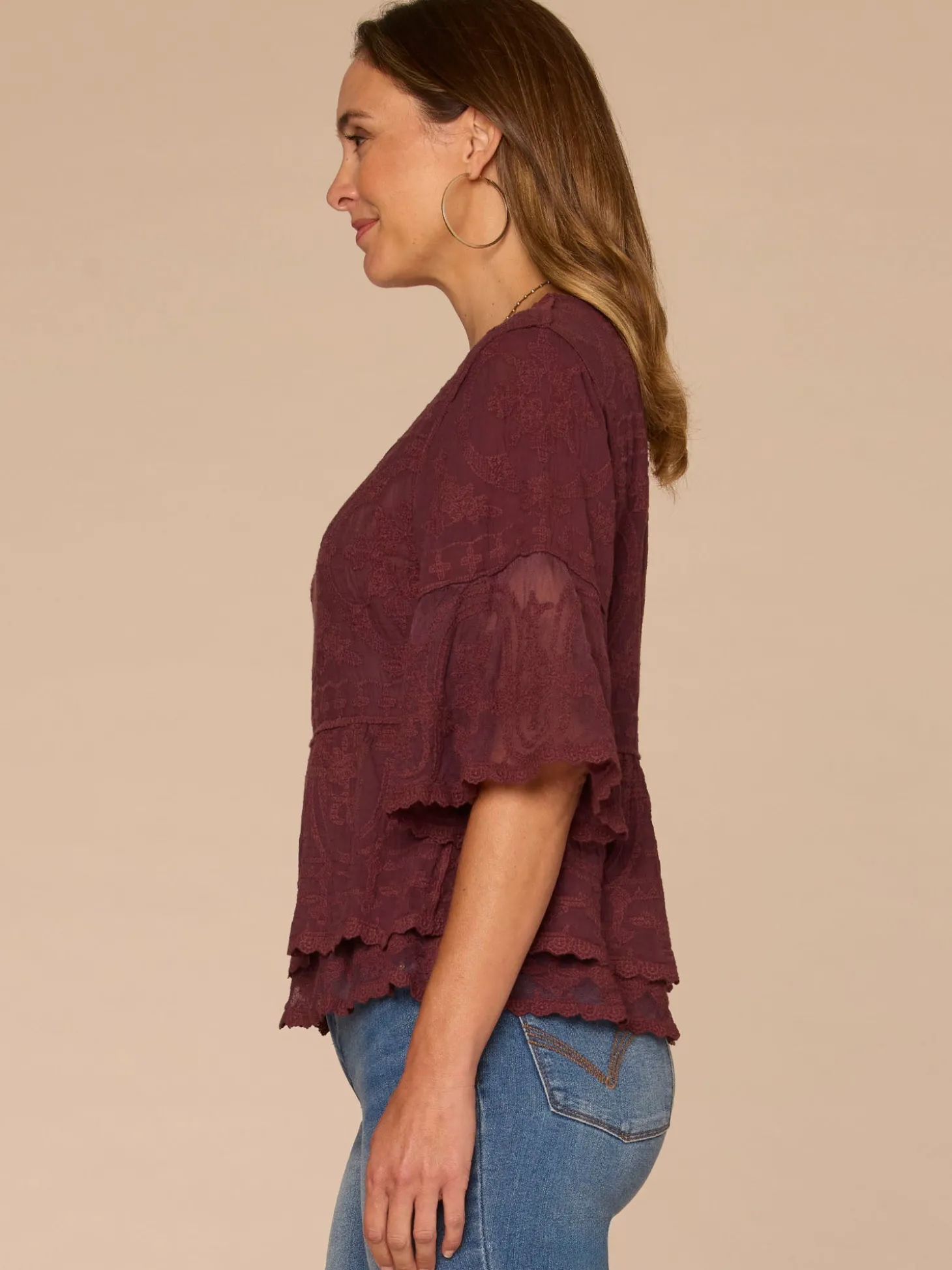 Bell Sleeve Scoop Neck Double Flounce Peplum Petite Hem Woven Top