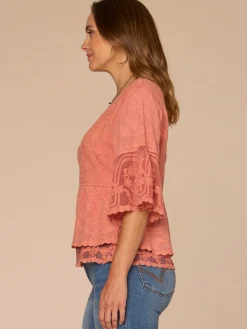 Bell Sleeve Scoop Neck Double Flounce Peplum Petite Hem Woven Top
