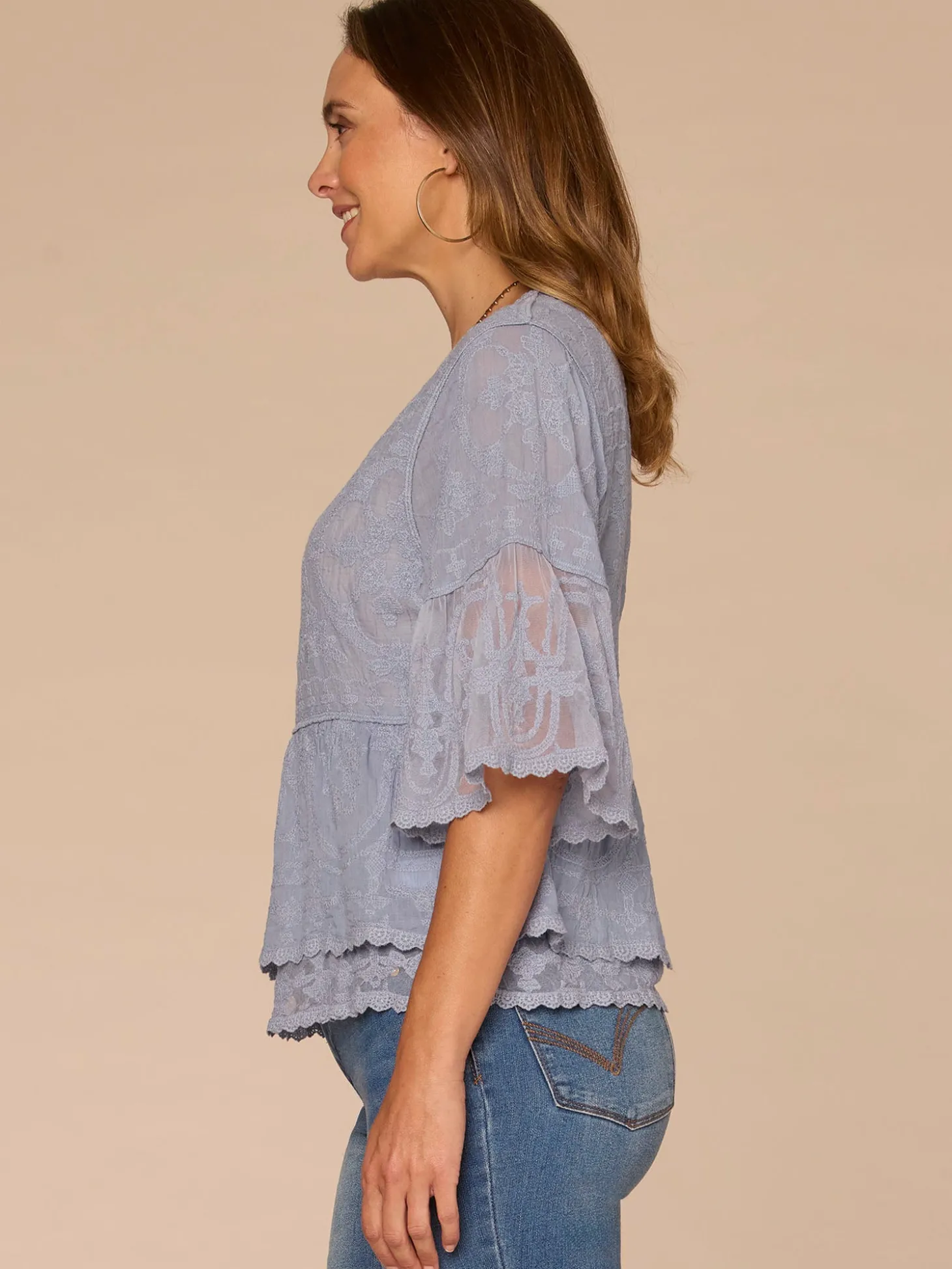 Bell Sleeve Scoop Neck Double Flounce Peplum Petite Hem Woven Top