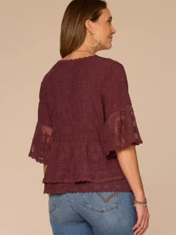 Bell Sleeve Scoop Neck Double Flounce Peplum Petite Hem Woven Top