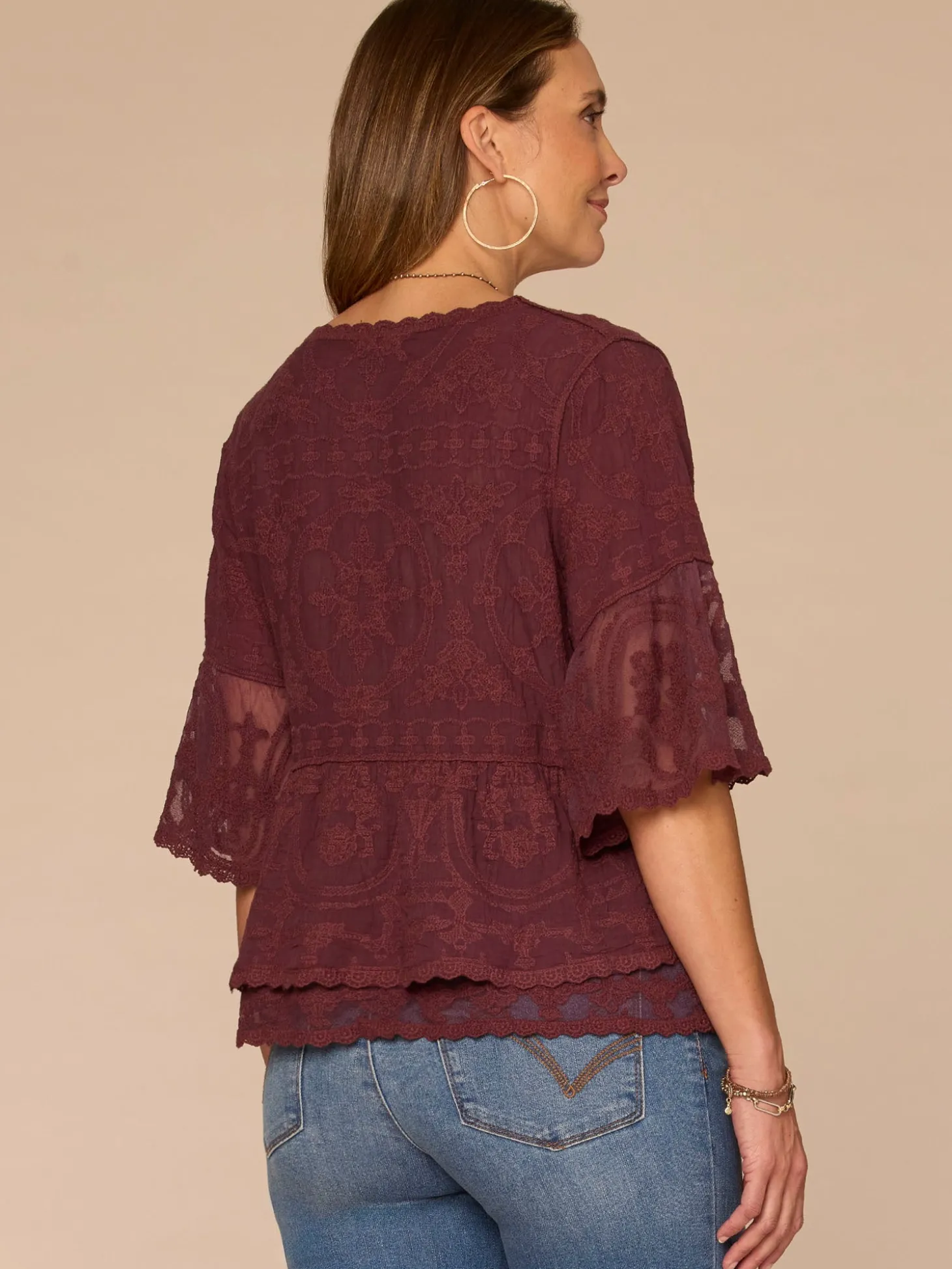 Bell Sleeve Scoop Neck Double Flounce Peplum Petite Hem Woven Top
