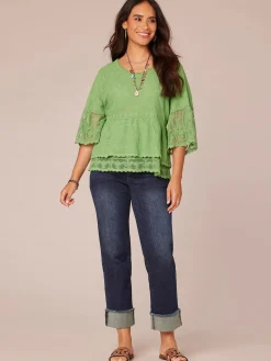 Bell Sleeve Scoop Neck Double Flounce Peplum Petite Hem Woven Top