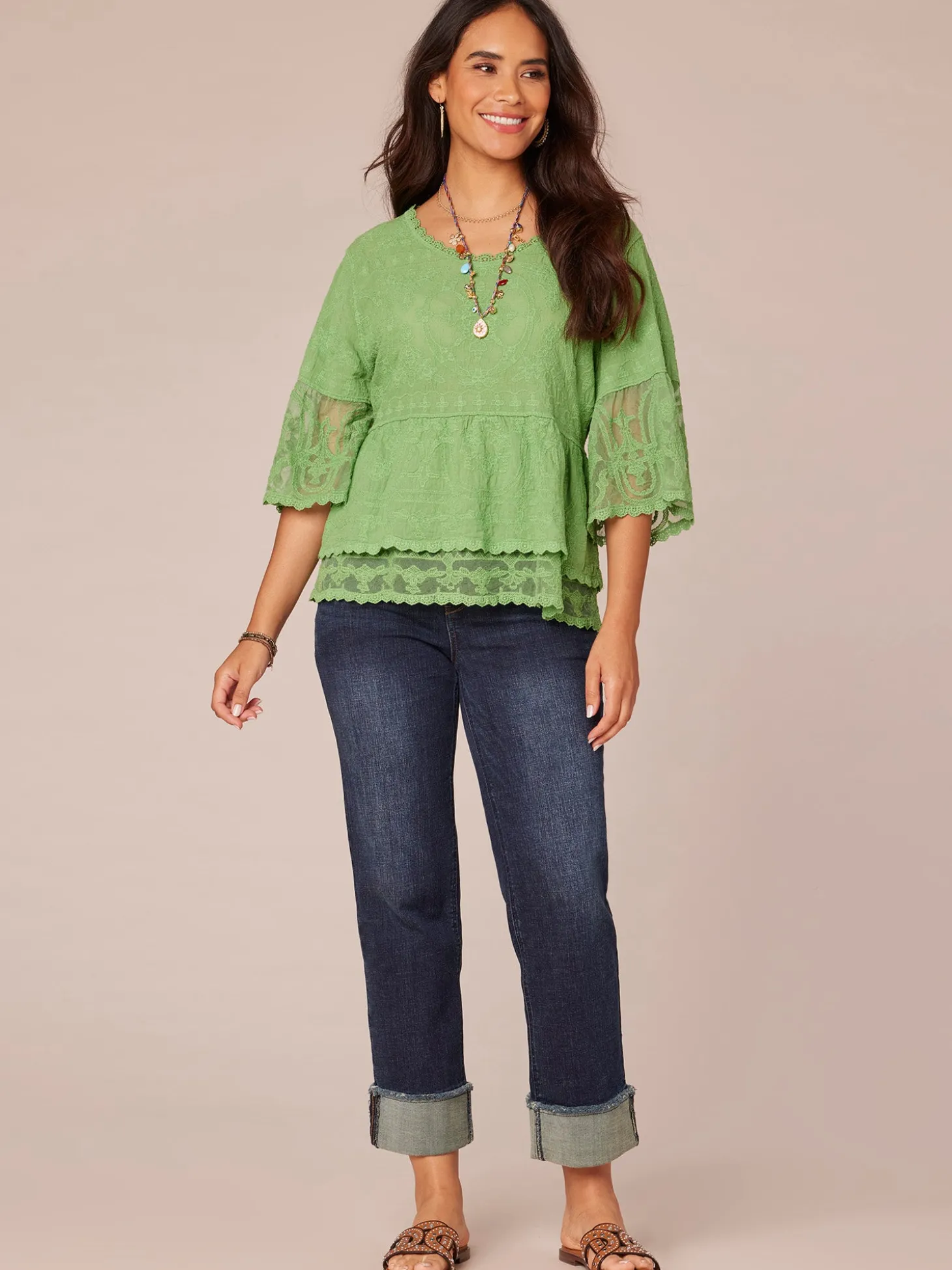 Bell Sleeve Scoop Neck Double Flounce Peplum Petite Hem Woven Top