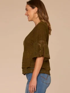 Bell Sleeve Scoop Neck Double Flounce Peplum Petite Hem Woven Top