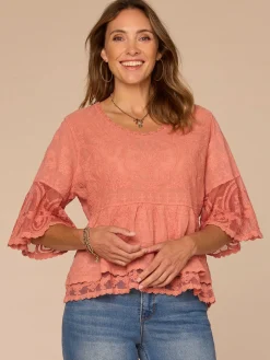 Bell Sleeve Scoop Neck Double Flounce Peplum Petite Hem Woven Top