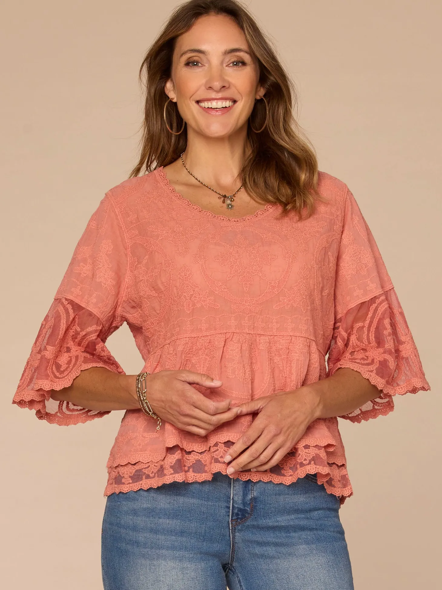 Bell Sleeve Scoop Neck Double Flounce Peplum Petite Hem Woven Top