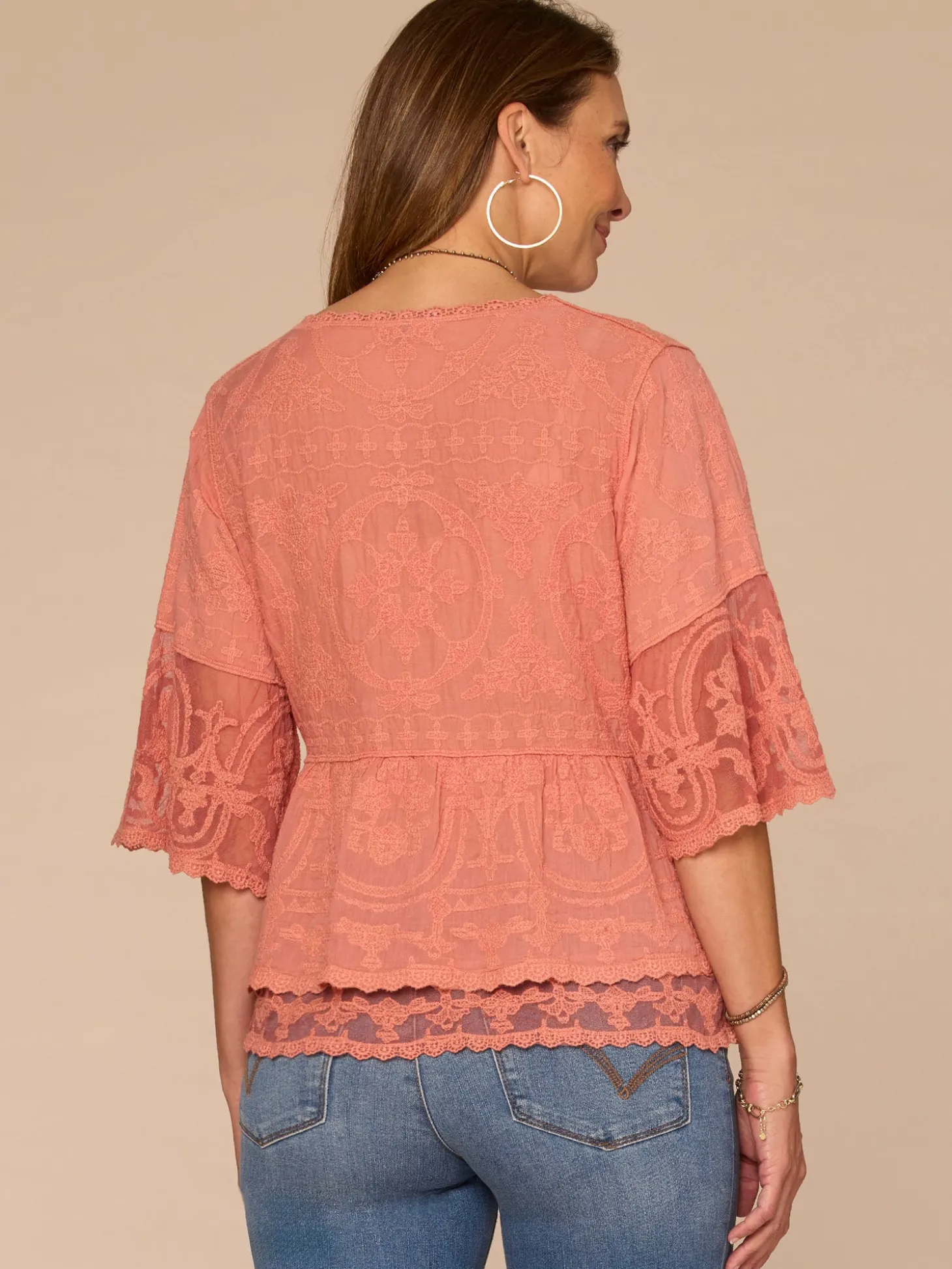 Bell Sleeve Scoop Neck Double Flounce Peplum Petite Hem Woven Top