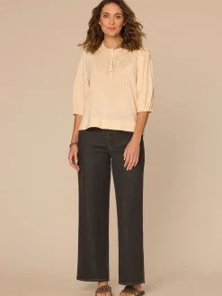 Below Elbow Blouson Sleeve Round Neck Embroidered Petite Woven Top