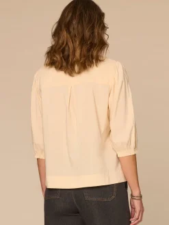 Below Elbow Blouson Sleeve Round Neck Embroidered Petite Woven Top