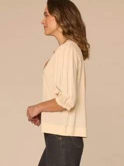 Below Elbow Blouson Sleeve Round Neck Embroidered Front Woven Top