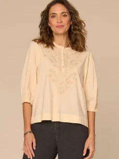 Below Elbow Blouson Sleeve Round Neck Embroidered Front Woven Top