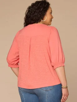 Below Elbow Blouson Sleeve Round Neck Embroidered Plus Size Woven Top