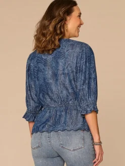 Below Elbow Lantern Sleeve V-Neck Scallop Edge Peplum Woven Top
